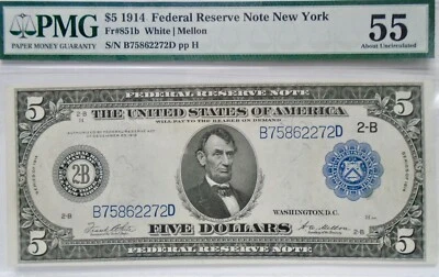  RARE 1914 $5 New York Federal Reserve Note Blue Seal Fr 851b PMG 55  - Image 1 of 4