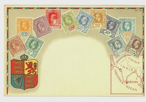 14.-PPC POSTKARTE CEYLON BRIEFMARKEN MONTAGE GEPRÄGT WAPPEN SRI LANKA - Bild 1 von 2