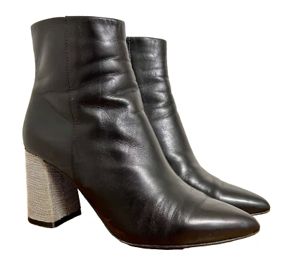 Botines Alice Olivia Delanie Cuero Negro Plata Cadena Tacón Talla 7.5 Foto 1 de 4