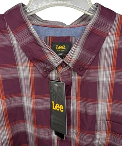 NUEVO CON ETIQUETAS Camisa Lee Para Hombre 4XL Borgoña A Cuadros Manga Corta Abotonada Suave Fácil Cuidado - Imagen 1 de 9