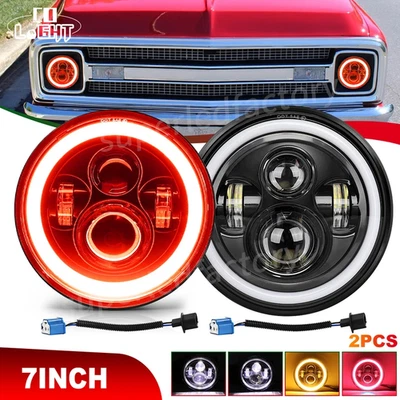 Black DOT 7" Round Led Headlights RED Halo fit Chevy Truck C10 C20 C30 K10 LUV - Image 1 of 4