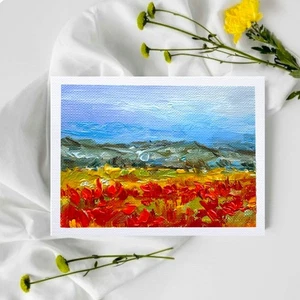 Original oil painting ACEO Poppy Field #4 Landscape mini art 2.5inx3.5in - Picture 1 of 4