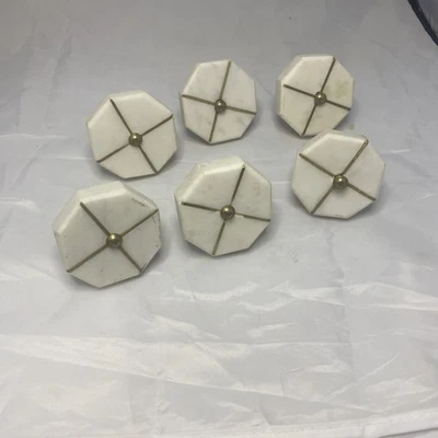 6 Antique Hexagon-Shaped Milk Glass  Cabinet Door/Drawer Pull 2” Wide Gold Line - Image 1 of 4