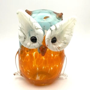 Hand-Blown Art Glass Owl Figurine Orange Blue White 5” H Paperweight Vintage - Picture 1 of 6