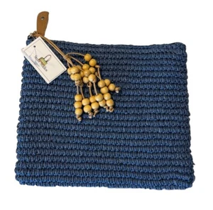New! Straw Studios Blue Raffia Beach Pouch Purse With Wooden Beads - Picture 1 of 7