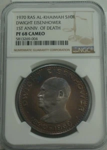 UAE RAS AL-KHAIMAH 10 Riyals 1970 NGC PF68 CAMEO Top Pop Dwight Eisenhower - Picture 1 of 8