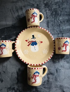 jolly sparkly christmas snowman set; 4 - 16oz mugs; 11" plate - Picture 1 of 7