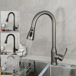 Grifos de cocina de arco alto grifo extraíble giratorio grifo de fregadero negro/gris/cromo - Imagen 1 de 41
