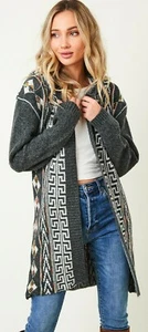 neu ON BLUE AZTEC Print LONG CARDIGAN Kapuzen PULLOVER WESTERN BOHO XSM-3XL Wickeloptik - Bild 1 von 8