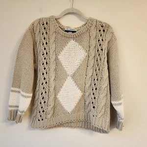 Herman Geist Cotton Blend Cable Knit Fisherman hand Knit Sweater Women Sz L - Picture 1 of 11