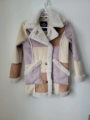 Hollister Faux Fur Patchwork Coat Womens Small Button Up Hippie Boho Penny Lane  - Image 1 of 4