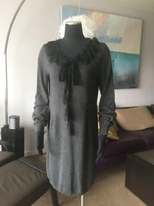 AUTH LOVE MOSCHINO 100% WOOL GRAY SWEATER DRESS WITH LACE TRIM Sz 42 IT / 10 US - Picture 1 of 12