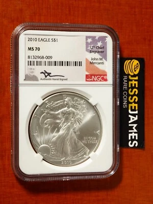 2010 AMERICAN SILVER EAGLE NGC MS70 JOHN MERCANTI SIGNED BEAUTIFUL COIN LOW POP! - Image 1 of 2