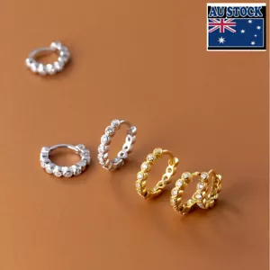 Woman Real s925 Sterling Silver Starry CZ Earring Clip Hoop Huggie One Pair - Picture 1 of 8