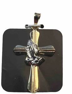 14KT Yellow Gold Cross Praying Hands Pendant New In Box - Picture 1 of 2