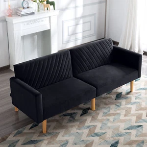 77.2” Modern Futon Sofa Bed Velvet Upholstered Sleeper Couch Adjustable Loveseat - Picture 1 of 44