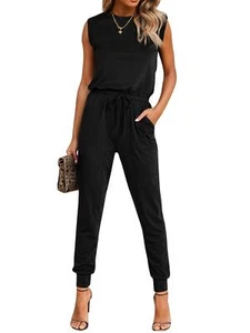 Womens Summer Crewneck Sleeveless Casual Dressy Loose Stretchy Jumpsuits Romper - Picture 1 of 13