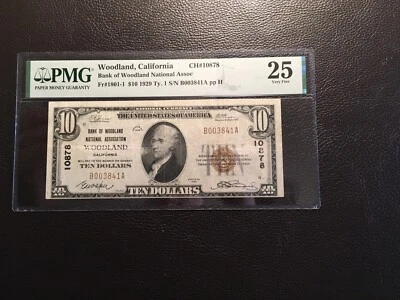10.00 National bank Woodland Calif. PMG 25 very fine ink internal tear Repair  - Image 1 of 2