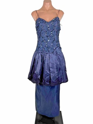 Vestido Vintage Años 80 Steppin Out Zafiro Azul Tafetán Fiesta Baile de graduación Lentejuelas Encaje talla 11 Foto 1 de 4
