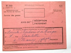 Ancien document Service des Postes Avis de réception payement - Picture 1 of 2