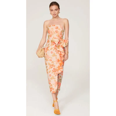 Shoshanna Midnight Womens Dress Sz 2 Peach Floral Strapless Ruffle Midi Cocktail - Image 1 of 4