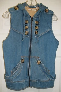 Mike & Chris Damen Blue Jeans Heavy Denim Weste Größe L Kapuze Reißverschlusstaschen USA - Bild 1 von 8