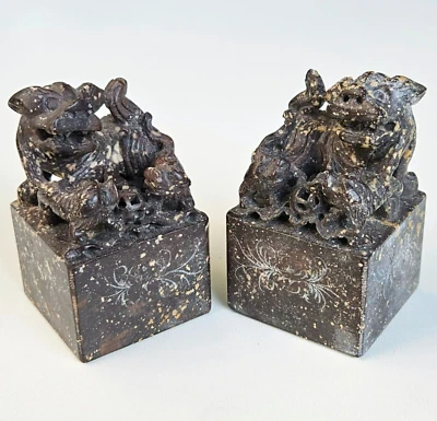 Estatuillas talladas en piedra de jabón chino de colección Foo Dog/Leon sujetalibros Foto 1 de 4