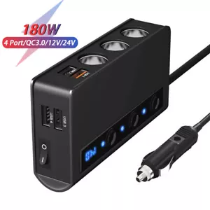 3 Way 180W Car Cigarette Lighter Splitter Power Adapter USB QC3.0 Fast Charger - Picture 1 of 12