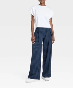 Pantalone donna un nuovo giorno splendido classico plissettato gamba larga blu navy gessato 0 - Foto 1 di 9