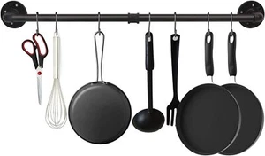34.3 inch Industrial Pipe Pot Bar Rack with 15 S Hooks Rustic Iron Pots and Pans - Picture 1 of 2