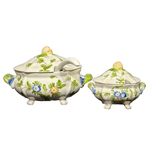 Set of 2 Footed Floral Tureens w/ Lid Ladle Large & Small Soup Flowers - Picture 1 of 19