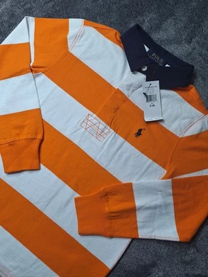 Polo Ralph Lauren Rugby Shirt Boys Small Orange White Striped Blue Collar Pony - Image 1 of 4