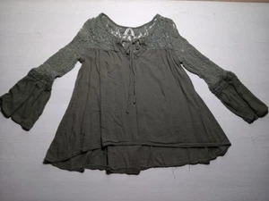 Mudd Women Green Lace Flared Sleeve Drawstring V-Neck Pullover Blouse Sz L Boho - Picture 1 of 22