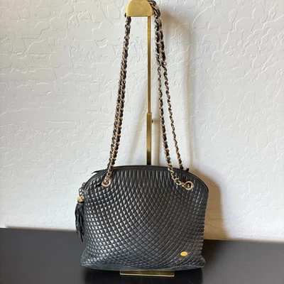 Bally Vintage Quilted Black Lambskin Leather Gold Chain Purse Handbag Tassel - Image 1 of 4