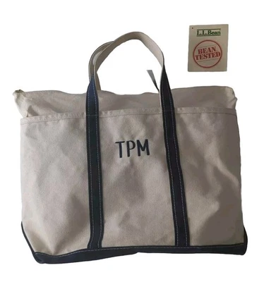 LL Bean Boat and Tote Bag Cremallera Top Lona EE. UU. Acentos Azules *Con Monograma* Grande  Foto 1 de 4