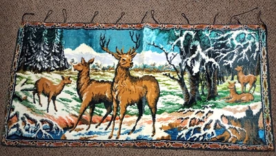 Tapestry Wall Hanging Deer In Forest Winter Scene Elk 39 x 19 - Image 1 of 4