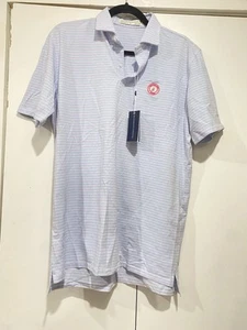 Holderness & Bourne Polo Shirt Golf Medium Blue Pink Stripes Third Party Logo - Picture 1 of 10