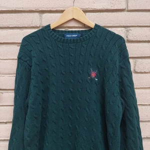 Vintage Polo Golf Ralph Lauren Cable Knit Sweater L Green Crest Crew Cotton - Picture 1 of 5