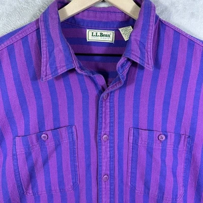 VINTAGE 80s LL BEAN Cool Weave Mens XL Shirt Short Sleeve Purple Blue Stripe USA - Image 1 of 4