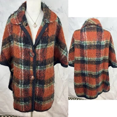 Poncho con Capa MOD Vintage Años 70 Mezcla de Lana Terracota Cuadros Abotonable Abrigo Retro OS Foto 1 de 4