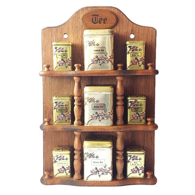 Estante de té de madera con latas estante de pared alemán almacenamiento de cocina vintage Foto 1 de 4