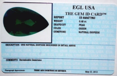 EGL USA TESTED & CERTIFIED PEAR GREEN 0.48 CT NATURAL DIOPSIDE  - Image 1 of 4