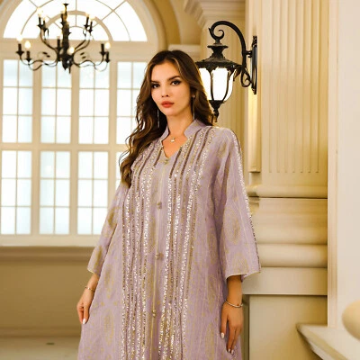 Luxury Muslim Islamic Women Sequins Abaya Kaftan Morocco Gown Dubai Party Dress - Image 1 of 4