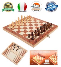 SCACCHI SCACCHIERA IN LEGNO DA TAVOLO 3in1 BACKGAMMON DAMA PORTATILE PIEGHEVOLE