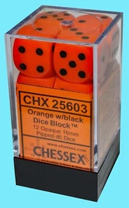 CHESSEX 12 dice set OPAQUE ORANGE with BLACK pips NEW die d6 16mm CHX25603 rpg - Picture 1 of 1