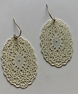 White Oval Mandala Dangling Metal Earrings - Picture 1 of 3