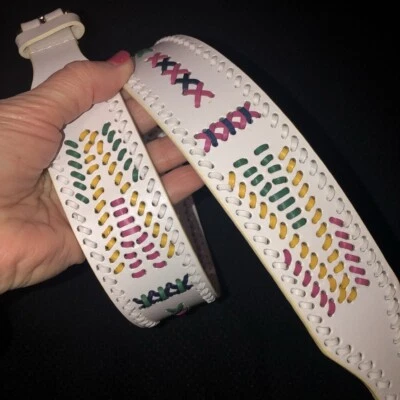  White Leather Western Laced Belt Womens Sz 28"-31" Multicolor Lacing 1.75" Wide - Image 1 of 4