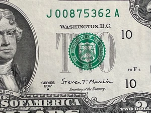 ONE BILL of 2017 A TWO DOLLAR $2 Note CRISP UNC FRB "J" from BEP PACK from BRICK - Picture 1 of 13