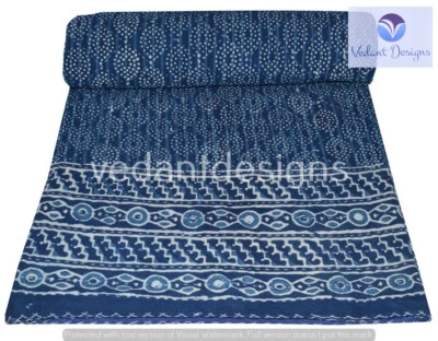 Colcha de algodão dupla reversível bloco Kantha feita à mão indiana - Imagem 1 de 4