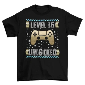 Kids 16th Birthday Gaming T-Shirt Level 16 Unlocked Gamer Gift 16 Year Old Teen - Picture 1 of 4